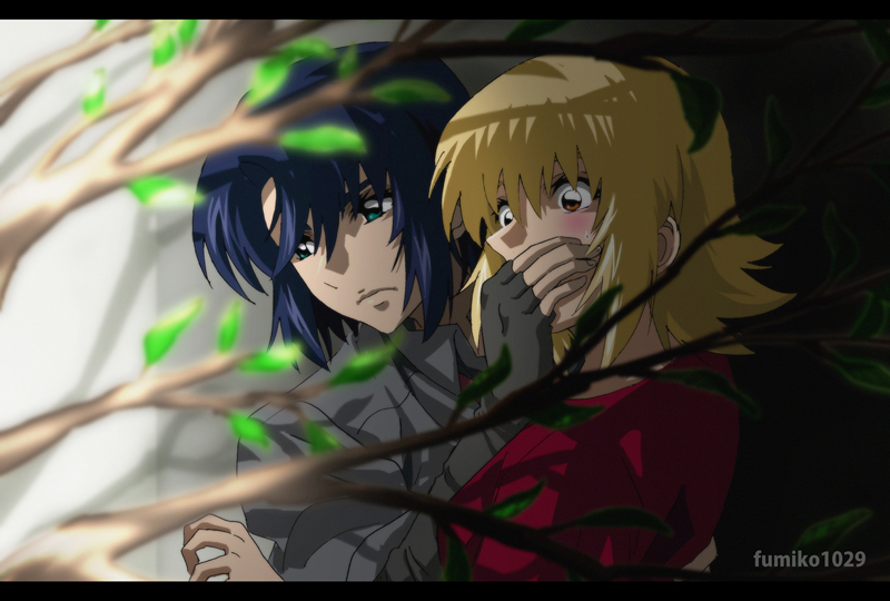 1boy 1girl artist_name athrun_zala blonde_hair blue_hair blush branch cagalli_yula_athha couple covered_mouth fumiko_(mesushi) green_eyes grey_jacket gundam gundam_seed gundam_seed_freedom hand_on_another&#039;s_mouth hiding jacket plant red_shirt shirt short_hair yellow_eyes