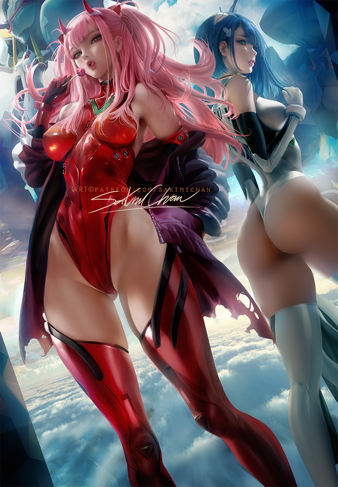 2girls ass ayanami_rei blue_hair blue_sky breasts candy cloud cloudy_sky cosplay darling_in_the_franxx fake_horns food gloves green_eyes horns ichigo_(darling_in_the_franxx) jacket large_breasts lips lollipop long_hair mecha mecha_pilot_suit multiple_girls neon_genesis_evangelion pink_hair plugsuit_(evangelion) rebuild_of_evangelion robot sakimichan signature sky souryuu_asuka_langley tongue tongue_out zero_two_(darling_in_the_franxx)