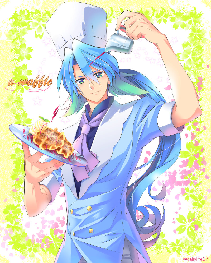 1boy aged_up blue_eyes blue_hair buttons chef_hat daliylife27 decantering double-breasted food gradient_hair hat ice_cream kirakira_precure_a_la_mode long_hair looking_at_viewer low_ponytail male_focus mint multicolored_hair pikario_(precure) plate ponytail precure smile syrup toque_blanche waffle