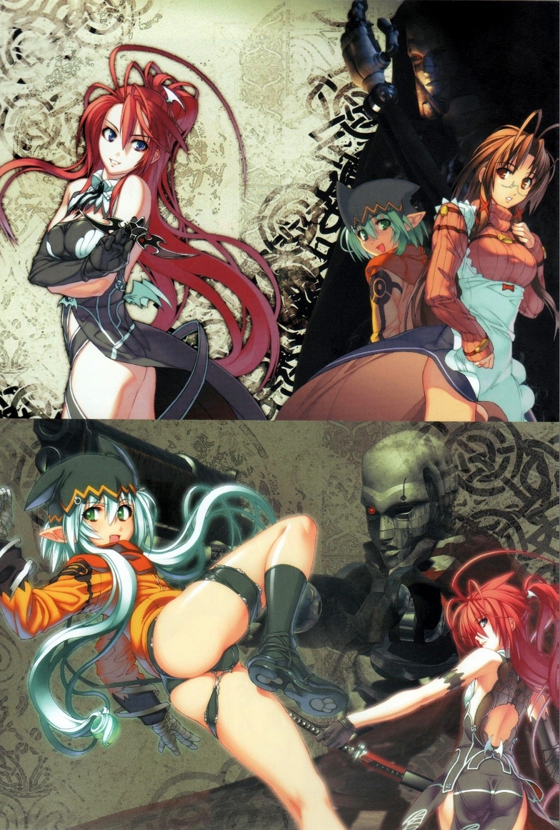 1girl animal_hat antenna_hair apron aqua_hair ass bandaged_hand bandages bare_shoulders black_footwear boots breasts cat_hat cleavage dress elbow_gloves glasses gloves green_eyes hair_between_eyes hanawa_momiji hat holding holding_weapon ignis_(jingai_makyou) jacket jingai_makyou kaze_no_ushiro_wo_ayumumono_(kazeko) long_hair looking_at_viewer looking_back medium_breasts multiple_girls nishii_(damnedrive) nitro+_blasterz nitroplus non-web_source open_mouth orange_shirt pelvic_curtain pointy_ears ponytail purple_eyes red_hair scarf shirt short_shorts shorts skirt smile sword torn_clothes torn_shorts very_long_hair weapon yellow_eyes yellow_jacket