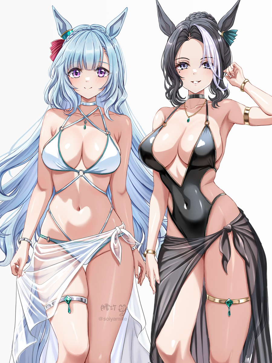 2girls animal_ears bikini black_hair black_one-piece_swimsuit blue_eyes breasts commentary_request grey_background highres horse_ears horse_girl large_breasts looking_at_viewer mejiro_ardan_(umamusume) mejiro_ramonu_(umamusume) mole mole_under_eye multicolored_hair multiple_girls one-piece_swimsuit purple_eyes siblings simple_background sisters standing streaked_hair swimsuit thigh_strap thighs tsukiyuki_mike umamusume white_bikini white_hair