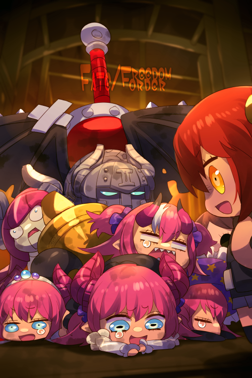 6+girls ahoge blue_eyes chalice chibi crying cup curled_horns dragon_girl dragon_horns echo_(circa) elizabeth_bathory_(brave)_(fate) elizabeth_bathory_(fate) elizabeth_bathory_(fate/extra) elizabeth_bathory_(halloween_caster)_(fate) fate/extra fate/extra_ccc fate/grand_order fate_(series) fujimaru_ritsuka_(female) hair_ornament hair_scrunchie holy_grail_(fate) horns humanoid_robot long_hair mecha_eli-chan_(fate) mecha_eli-chan_mk.ii_(fate) multiple_girls one_side_up open_mouth orange_eyes orange_hair pink_hair riyo_(lyomsnpmp)_(style) robot scrunchie short_hair smile sword weapon