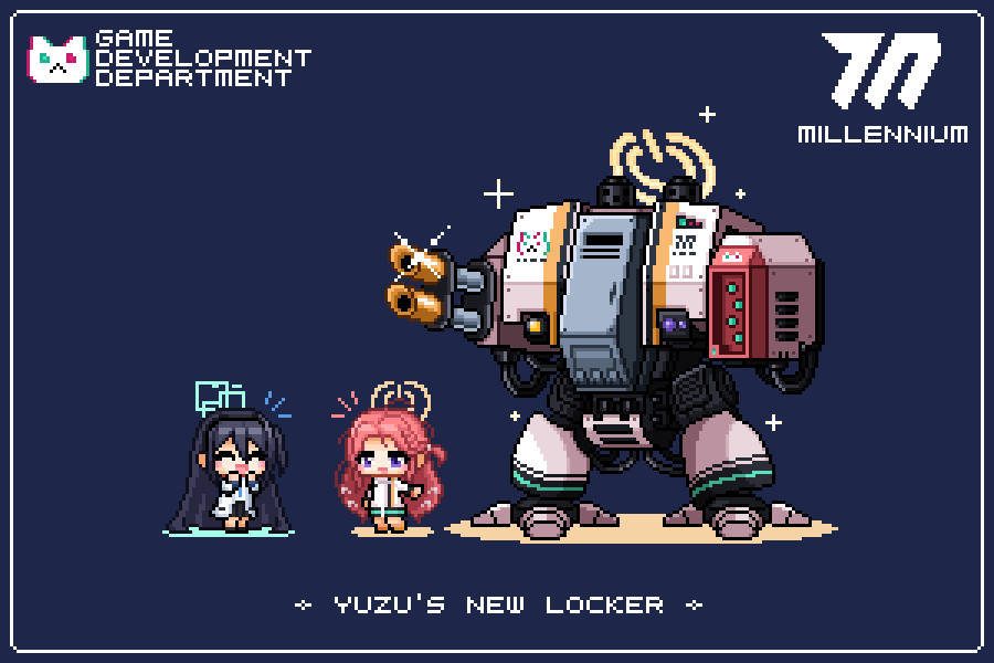 1other 2girls aris_(blue_archive) blue_archive cannon chibi closed_eyes crossover dreadnought_(warhammer_40k) english_text halo happy mecha missile_pod multiple_girls pixel_art redforge robot rocket_launcher warhammer_40k weapon yuzu_(blue_archive)