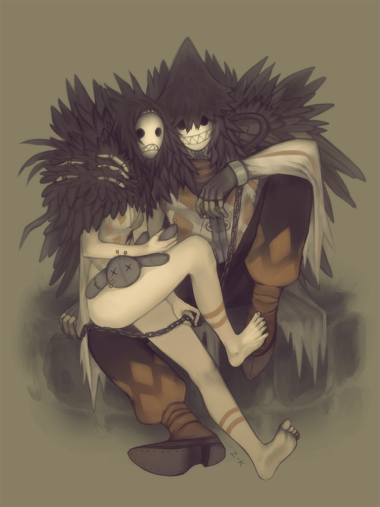 1boy 1girl 24hrscoma argyle_clothes argyle_dress argyle_pants argyle_shirt barefoot black_gloves black_hair black_hat black_pants breasts brown_shoes commentary detached_sleeves dress english_commentary fingerless_gloves full_body fur_collar gloves goblin_mask grey_background grin hat looking_at_viewer masked medium_breasts pants ragnarok_online shirt shoes short_hair side_slit sitting sleeveless sleeveless_dress smile sorcerer_(ragnarok_online) stuffed_animal stuffed_rabbit stuffed_toy white_dress white_shirt white_sleeves