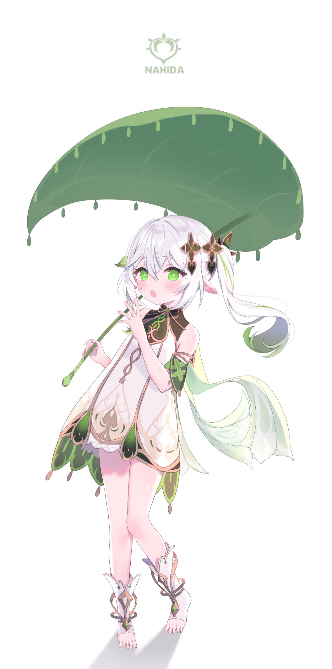 1girl bare_shoulders blush character_name commentary_request dress genshin_impact green_eyes green_hair grey_hair hair_ribbon hands_up highres holding holding_leaf leaf leaf_umbrella long_hair looking_at_viewer multicolored_hair nahida_(genshin_impact) no_shoes open_mouth pointy_ears ribbon roin shadow side_ponytail simple_background sleeveless sleeveless_dress socks solo standing streaked_hair toeless_legwear very_long_hair white_background white_dress white_socks