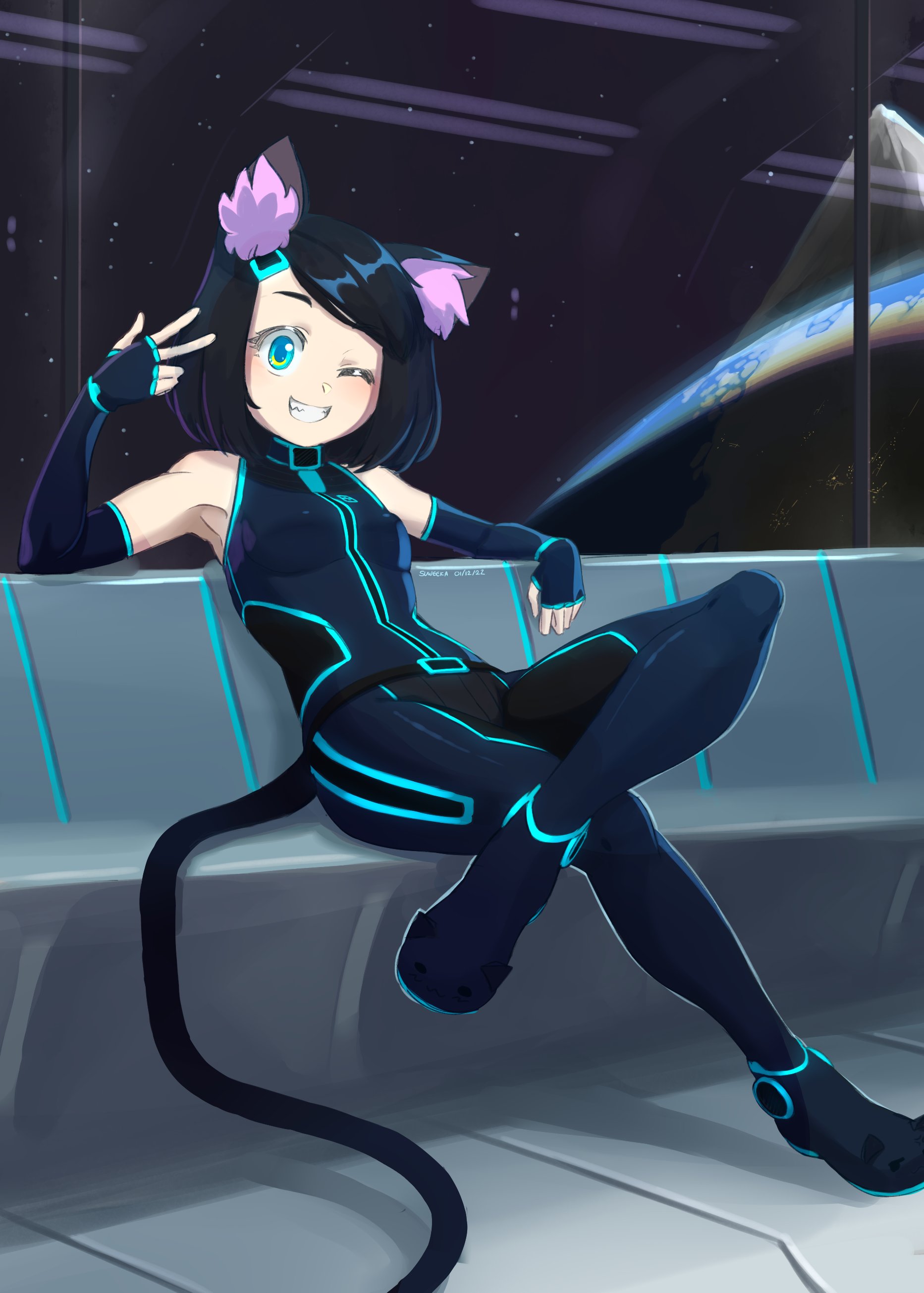 1girl absurdres animal_ear_fluff animal_ears bare_shoulders belt black_bodysuit black_hair blue_bodysuit blue_eyes bodysuit commentary couch elbow_gloves english_commentary fingerless_gloves full_body gloves haqu_(suweeka) highres looking_at_viewer one_eye_closed original planet short_hair sitting sky sleeveless sleeveless_bodysuit smile solo space star_(sky) starry_sky suweeka tail two-tone_bodysuit v window