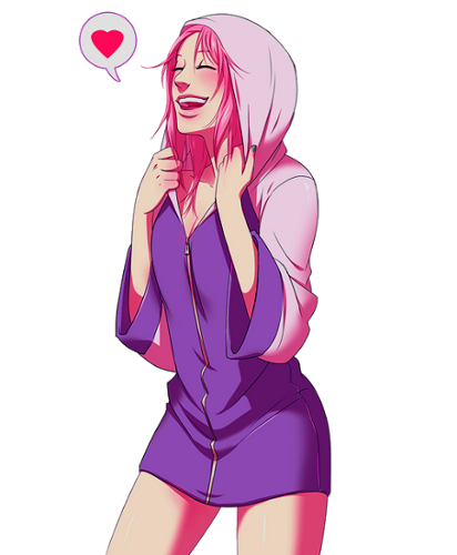 1girl :d blush borrowed_clothes bottomless breasts closed_eyes collarbone cosplay facing_to_the_side female_focus hands_up happy haruno_sakura heart holding hood hood_up hoodie hyuuga_hinata hyuuga_hinata_(cosplay) jacket laughing lavender_jacket long_hair long_sleeves lowres medium_breasts nail_polish naruto_(classic) naruto_(series) naruto_shippuuden open_mouth pink_hair purple_jacket simple_background slj smile solo spoken_heart standing teeth tongue transparent_background white_background zipper zipper_pull_tab