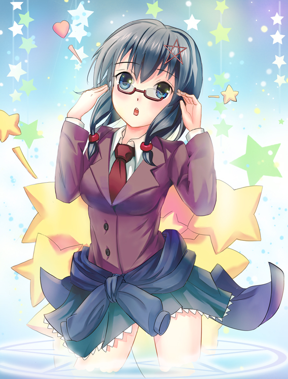 1girl :o adjusting_eyewear black_eyes black_hair blue_eyes corpse_party female_focus glasses hair_ornament hand_on_eyewear heart himonoata in_water looking_at_viewer magic_circle necktie open_mouth rimless_eyewear saenoki_naho school_uniform short_hair solo star_(symbol) td wading