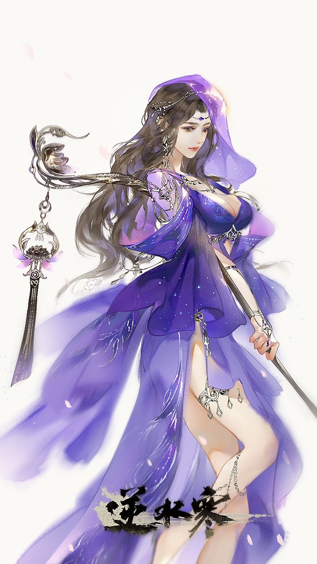 1girl bare_shoulders barefoot barefoot_sandals_(jewelry) black_eyes bracelet breasts brown_hair character_name character_request chinese_commentary circlet cleavage closed_mouth clothing_cutout commentary_request dress eyelashes feet_out_of_frame holding jewelry large_breasts light_particles lipstick long_dress long_hair long_sleeves looking_at_viewer makeup necklace nishui_han petals purple_dress purple_veil realistic red_lips shoulder_cutout side_slit simple_background solo thighlet veil wavy_hair white_background wide_sleeves wind_chime ye_dian_pikaqiu