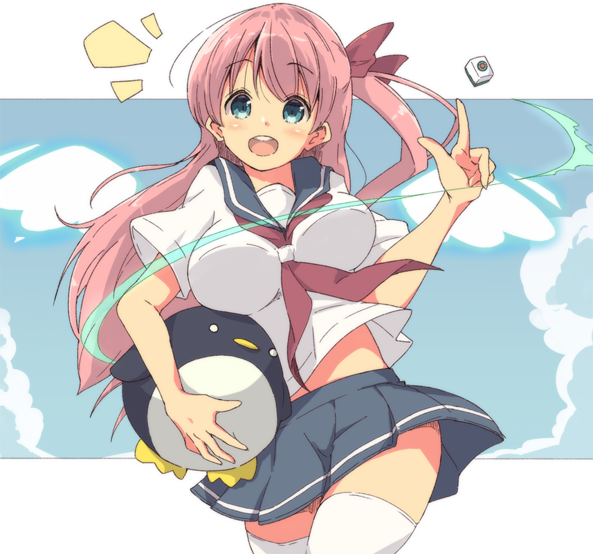 1girl :d blouse blue_eyes blue_sailor_collar blue_skirt blush bow breasts etopen hair_bow haramura_nodoka holding holding_stuffed_toy index_finger_raised kiyosumi_school_uniform large_breasts long_hair looking_at_viewer mahjong mahjong_tile midriff miniskirt neckerchief notice_lines one_side_up open_mouth pink_hair pleated_skirt red_bow red_neckerchief sailor_collar saki_(manga) school_uniform serafuku shirt short_hair single_horizontal_stripe skirt smile solo standing stuffed_animal stuffed_penguin stuffed_toy thighhighs tom_q_(tomtoq) white_shirt white_thighhighs