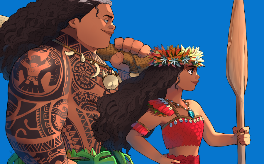 1boy 1girl arm_tattoo blue_sky brown_eyes brown_hair chest_tattoo dark-skinned_female dark-skinned_male dark_skin day flower_wreath from_side hand_on_own_hip head_wreath holding holding_oar jewelry maui_(moana) moana_(movie) moana_waialiki necklace oar outdoors pano_(mohayayamai) sky tattoo tribal_tattoo