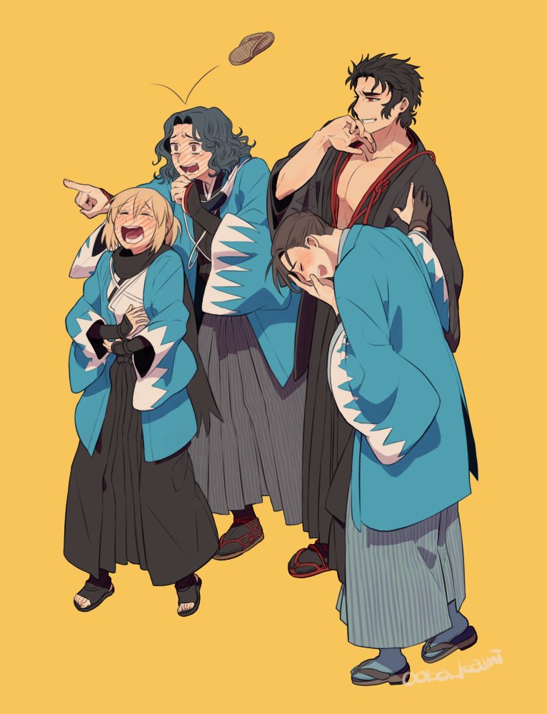 1girl 3boys :d arm_guards black_footwear black_gloves black_hair black_hakama black_kimono black_socks blonde_hair blue_hair blue_jacket blue_socks blush brown_eyes brown_hair closed_eyes curtained_hair dark_blue_hair fate/grand_order fate_(series) full-face_blush gloves grey_hakama grin hair_between_eyes hair_pulled_back hakama hand_on_own_face hand_to_own_mouth hands_on_own_stomach haori hijikata_toshizou_(fate) jacket japanese_clothes kimono laughing medium_hair multiple_boys okita_souji_(fate) ooba open_clothes open_kimono open_mouth partially_fingerless_gloves pointing ponytail red_eyes red_footwear saitou_hajime_(fate) saitou_hajime_(third_ascension)_(fate) sandals unworn_sandals shinsengumi short_hair simple_background single_glove smile socks tabi tears teeth thrown toeless_footwear waraji wavy_hair white_kimono yamanami_keisuke_(fate) yellow_background zouri