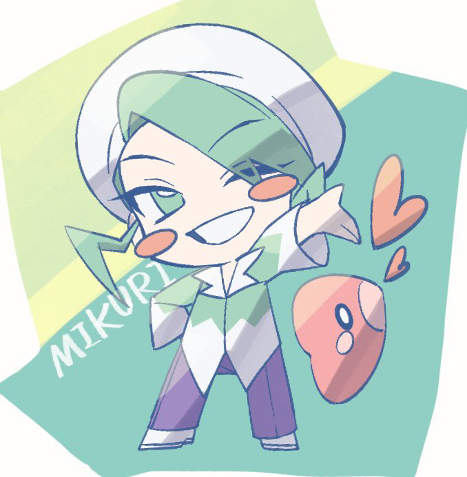 1boy beret blush_stickers character_name chibi commentary_request gen_3_pokemon green_eyes green_hair green_shirt grin hat kado_51 long_sleeves luvdisc male_focus nintendo one_eye_closed outstretched_arm pants pokemon pokemon_(creature) pokemon_rse purple_pants shirt shoes short_hair smile standing teeth wallace_(pokemon) white_footwear white_hat