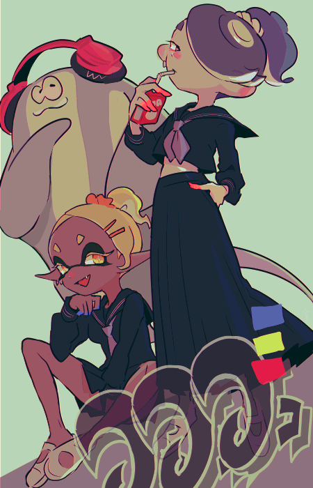 1boy 2girls :d big_man_(splatoon) big_man_(young)_(splatoon) black_sailor_collar black_serafuku black_shirt black_skirt blonde_hair blue_hair blue_neckerchief colored_eyelashes dark-skinned_female dark_skin fang frye_(splatoon) frye_(young)_(splatoon) hair_ornament hair_over_one_eye hairclip headphones imaikuy0 inkling juice_box long_skirt long_sleeves multiple_girls neckerchief nintendo octoling open_mouth pointy_ears ponytail red_eyes sailor_collar school_uniform serafuku shirt shiver_(splatoon) shiver_(young)_(splatoon) short_eyebrows short_hair skirt smile splatoon_(series) splatoon_3 tentacle_hair yellow_eyes