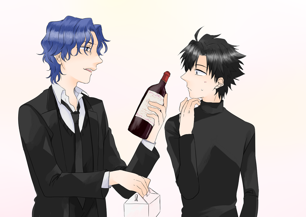 2boys aged_down ahoge alcohol black_eyes black_hair blue_eyes blue_hair bottle brothers fate/zero fate_(series) formal_clothes matou_byakuya matou_kariya matou_kariya_(original_appearance) multiple_boys necktie ronpaxronpa short_hair siblings smile suit sweater turtleneck turtleneck_sweater wavy_hair wine wine_bottle