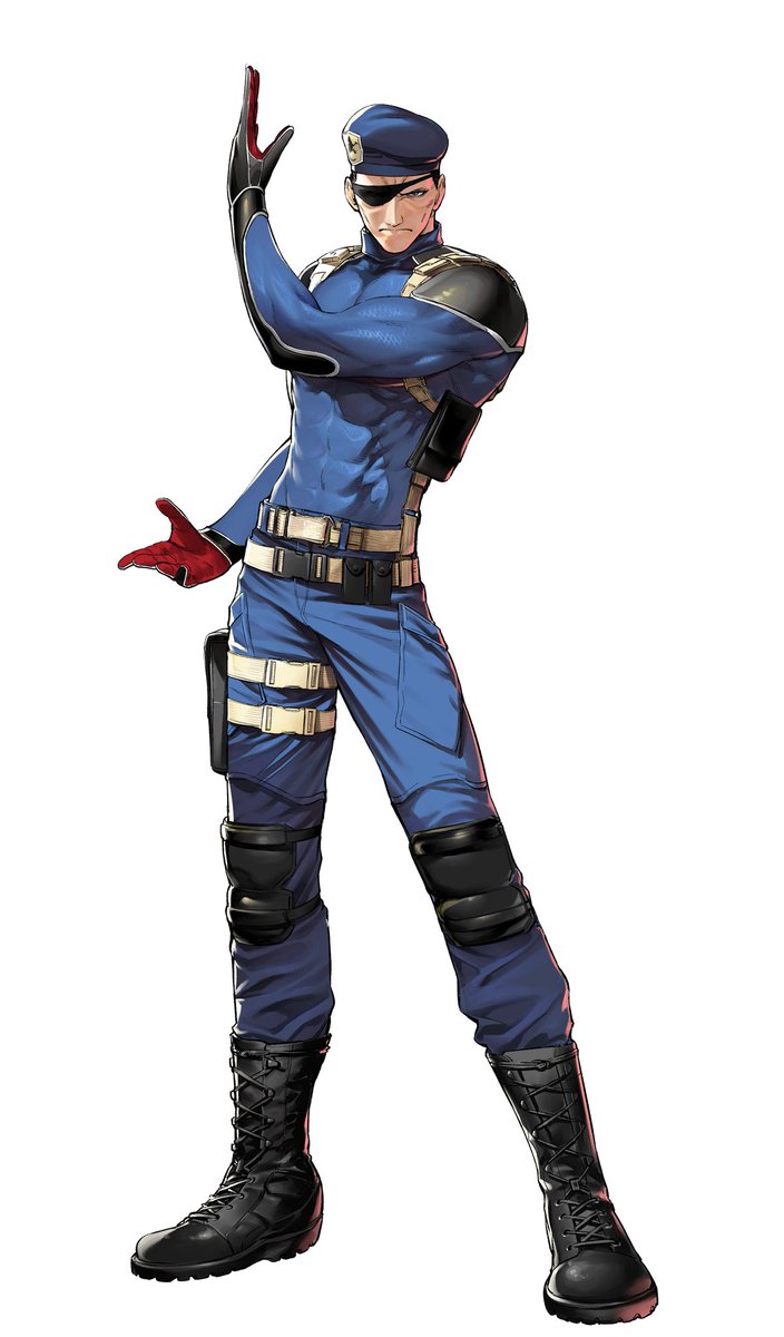 1boy azuma_kyoutarou_(artist) beret boots eyepatch gloves hat heidern highres image_sample knee_pads male_focus military military_uniform snk solo the_king_of_fighters the_king_of_fighters_xiv twitter_sample