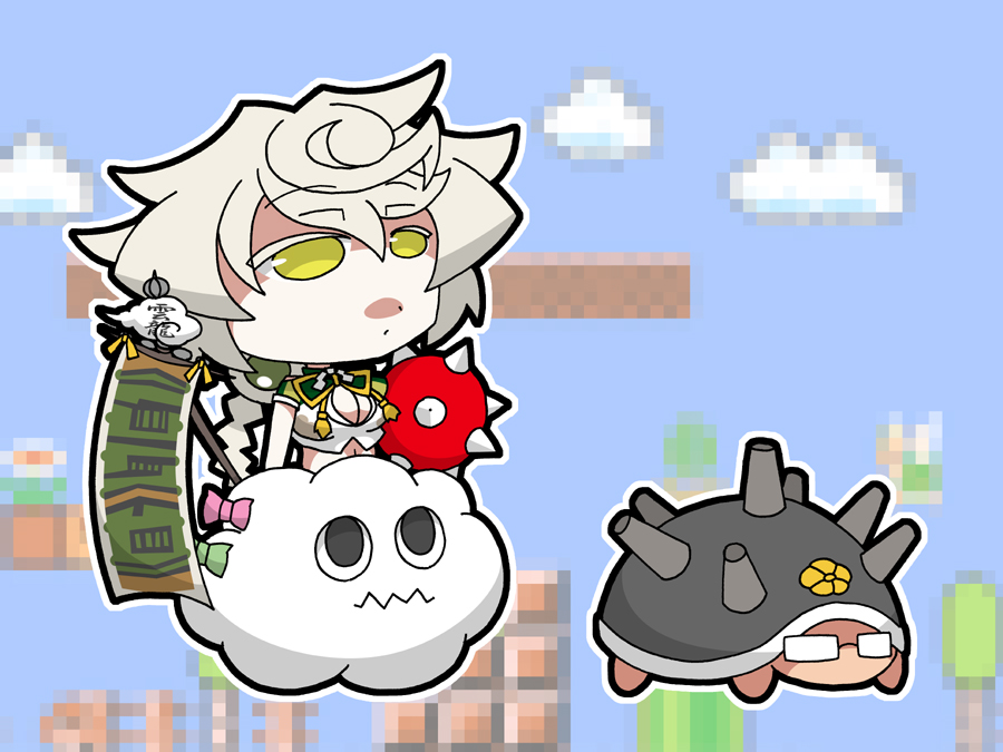 1girl black_eyes braid breasts cleavage cleavage_cutout clothing_cutout cloud crossover glasses jitome kantai_collection lakitu mahoroba_shirou mario_(series) midriff miss_cloud musashi_(kancolle) navel nintendo parody ribbon silver_hair single_braid spiny spiny_egg super_mario_bros._1 unryuu_(kancolle) yellow_eyes