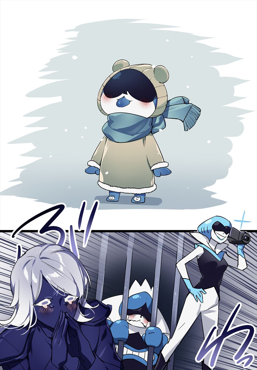 1girl 3boys animal_ears beanie boots camcorder camera coat crying crying_with_eyes_open deltarune father_and_son gloves hat highres holding holding_camera hp_nokoketaetouyona king_(deltarune) lancer_(deltarune) mittens multiple_boys queen_(deltarune) rouxls_kaard scarf streaming_tears tearing_up tears video_camera winter_clothes