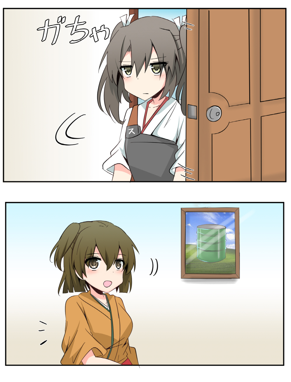 2girls bliss_(image) brown_hair comic cyberdemon_no3 door drawing_(object) drum_(container) gloves hair_ribbon hakama hakama_short_skirt hakama_skirt highres hiryuu_(kancolle) japanese_clothes kantai_collection microsoft_windows multiple_girls muneate one_side_up partially_fingerless_gloves partly_fingerless_gloves ribbon short_hair side_ponytail skirt translation_request twintails windows_xp yugake zuikaku_(kancolle)