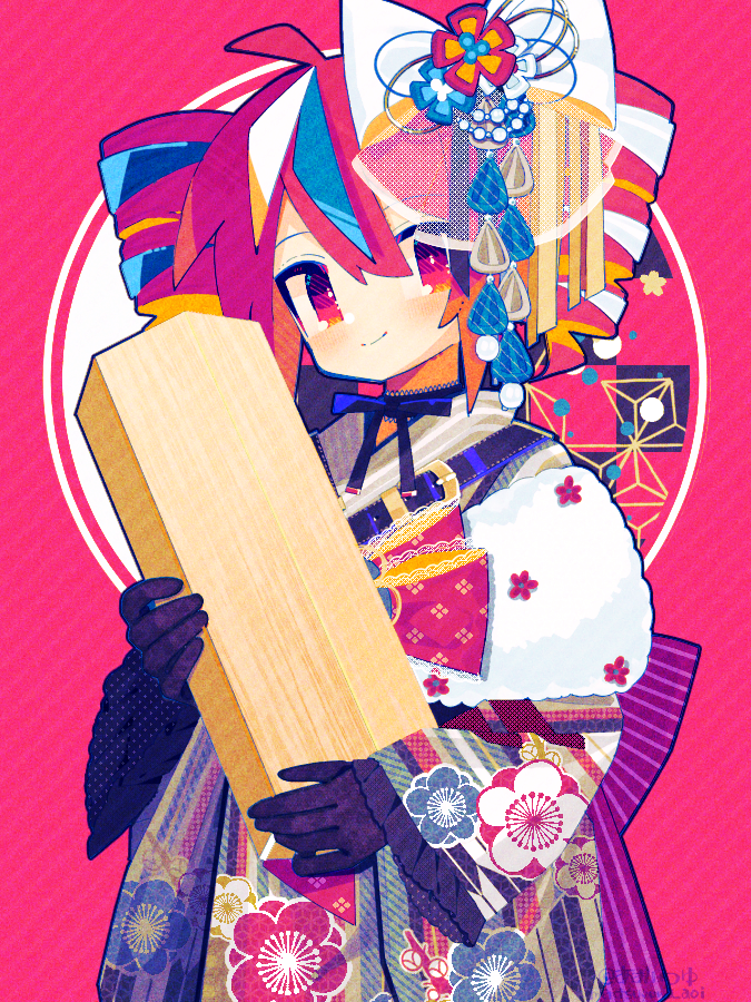 ahoge alternate_costume aoi_tsuyu back_bow black_ribbon blue_kimono blush bow commentary_request drill_hair floral_print floral_print_kimono flower hair_between_eyes hair_flower hair_ornament hair_ribbon holding japanese_clothes kasane_teto kasane_teto_(sv) kimono pinstripe_bow print_kimono red_background red_bow red_eyes red_hair ribbon smile synthesizer_v twin_drills utau white_ribbon