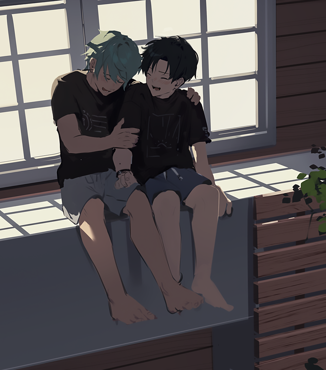 2boys arm_over_shoulder black_hair black_shirt blush bracelet cove_holden curtained_hair day full_body green_hair grey_shorts grin hand_on_another&#039;s_arm head_down indoors jewelry ladder laughing looking_at_another main_character_(our_life) male_focus multiple_boys our_life:_beginnings_and_always outstretched_legs plant ryuuieu shirt shorts sitting smile t-shirt window_light windowsill