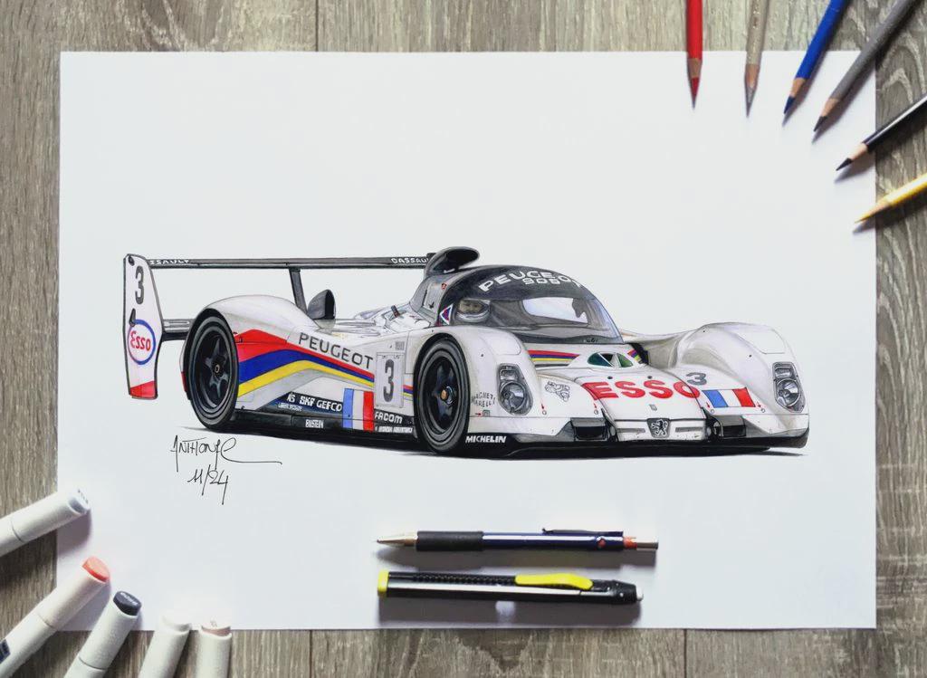 1boy anthony-c car colored_pencil colored_pencil_(medium) commentary english_commentary eric_helary french_flag le_mans_prototype marker marker_(medium) mechanical_pencil michelin michelin_man motor_vehicle pencil peugeot peugeot_905 photo_(medium) race_vehicle racecar real_life signature solo spoiler_(automobile) traditional_media vehicle_focus