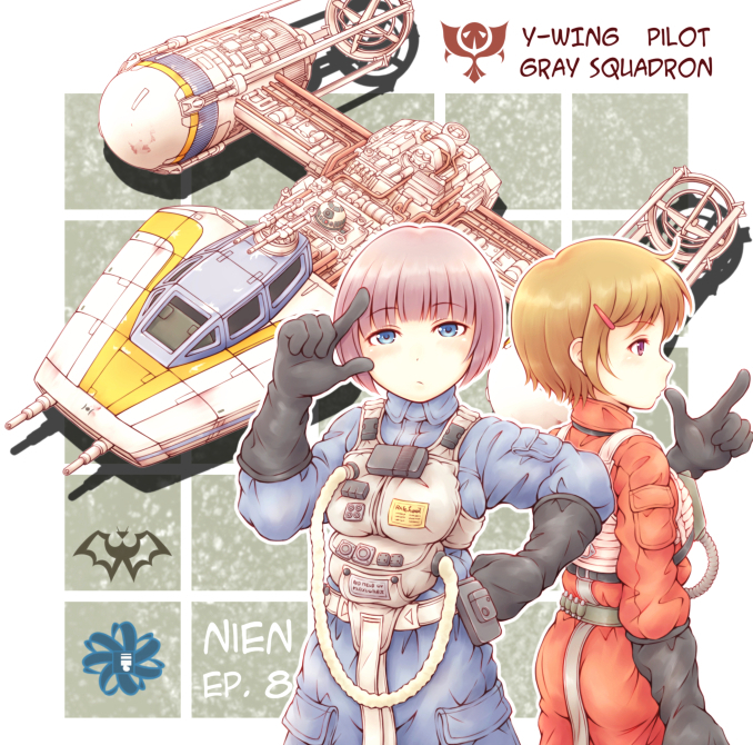 2girls animification astromech_droid black_gloves blue_eyes brown_hair finger_gun gloves hair_behind_ear hand_on_own_hip multiple_girls nosh pilot_suit pointing purple_eyes purple_hair rebel_alliance_(star_wars) rebel_pilot_(star_wars) robot science_fiction short_hair spacecraft star_wars starfighter y-wing