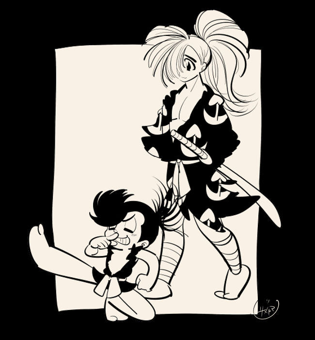 1boy 1girl bare_pectorals black_border border closed_mouth dororo_(character) dororo_(tezuka) full_body grin hair_over_one_eye hyakkimaru_(dororo) japanese_clothes pectorals ponytail sameyama_jiro signature smile smug sword tezuka_osamu_(style) walking weapon