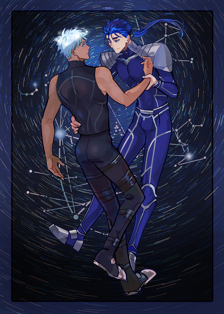 2boys archer_(fate) armor bare_arms black_pants black_shirt blue_bodysuit blue_border blue_hair bodysuit border closed_mouth commentary constellation corona_borealis_(constellation) crimo cu_chulainn_(fate) cu_chulainn_(fate/stay_night) earrings eye_contact fate/hollow_ataraxia fate/stay_night fate_(series) hand_on_another&#039;s_hip holding_another&#039;s_wrist jewelry leo_(constellation) looking_at_another male_focus multiple_boys pants ponytail shirt short_hair shoulder_armor sleeveless sleeveless_shirt star_map star_trail tan time_lapse ursa_major_(constellation) virgo_(constellation) white_hair yaoi