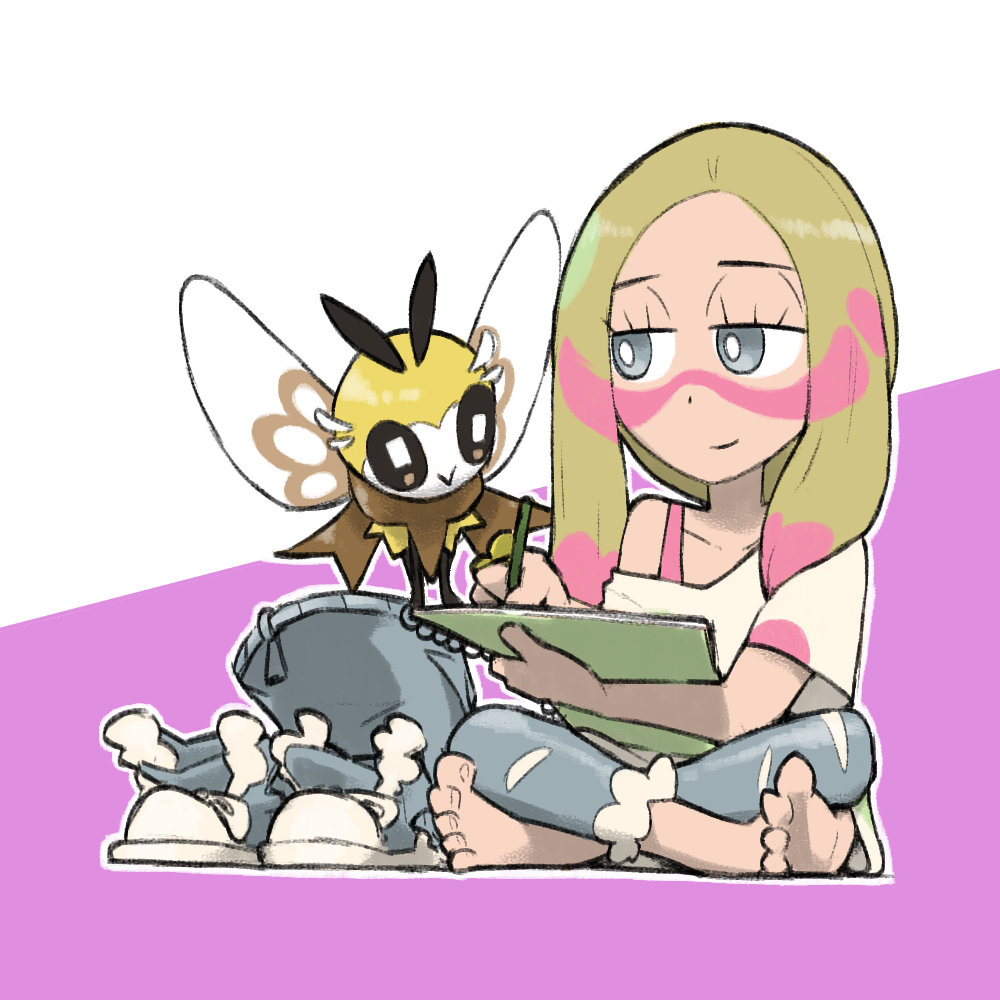 1girl :&gt; antennae bag barefoot blacknirrow blonde_hair blue_footwear blue_pants capri_pants closed_mouth crossed_legs eyelashes facepaint game_freak gen_7_pokemon grey_eyes half-closed_eyes holding holding_pencil holding_sketchbook insect_wings long_hair mina_(pokemon) nintendo off_shoulder outline pants pencil pokemon pokemon_(creature) pokemon_sm ribombee shirt shoes simple_background single_bare_shoulder sitting sketchbook smile sneakers two-tone_background unworn_shoes white_outline white_shirt wings
