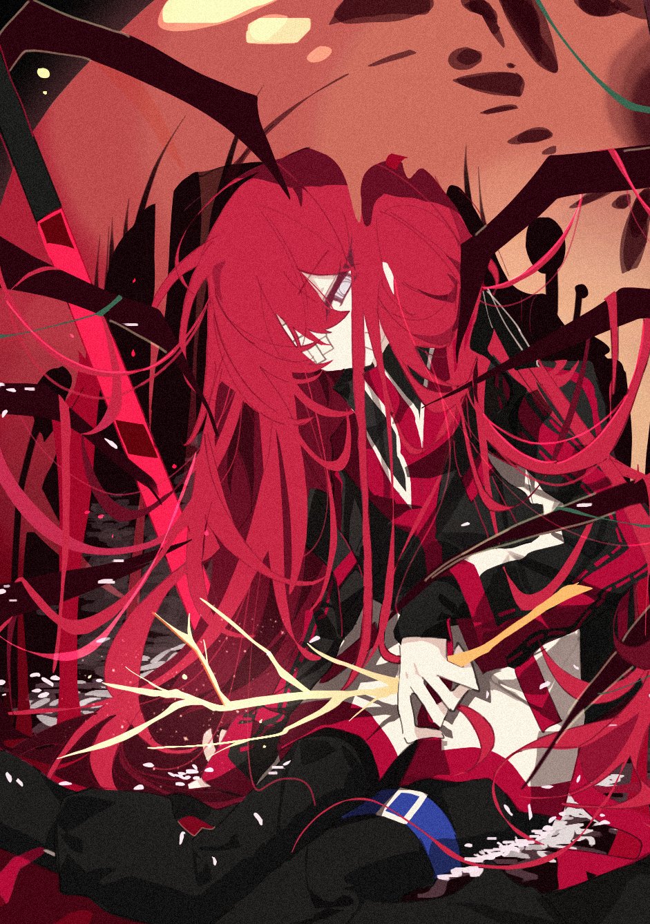 1girl black_jacket black_pants branch golden_apple_(project_moon) golden_bough_(limbus_company) grey_eyes head_tilt highres holding holding_branch jacket lemonail limbus_company long_hair long_sleeves maggot pants pink_hair project_moon sitting solo very_long_hair yuri_(project_moon)