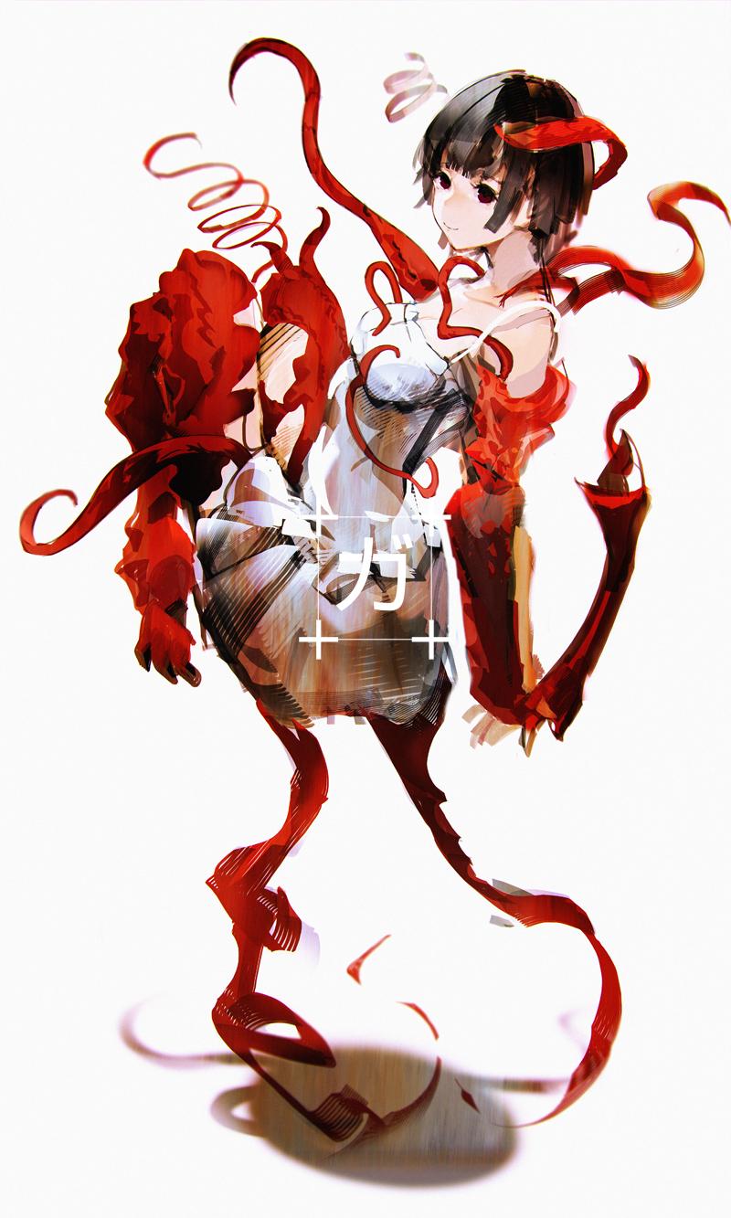 1girl benisuzume_(gauna) black_hair dress female_focus floating gauna highres monster_girl placenta_(sidonia_no_kishi) red_eyes short_hair sidonia_no_kishi simple_background smile so-bin solo tentacles white_dress