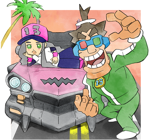13-amp 18-volt 1boy 1girl baseball_cap car green_eyes green_pants hat heterochromatic_eyewear looking_at_viewer motor_vehicle nintendo official_art on_car open_mouth pants sitting takeuchi_kou third-party_source tinted_eyewear track_pants track_suit tree warioware warioware:_get_it_together!