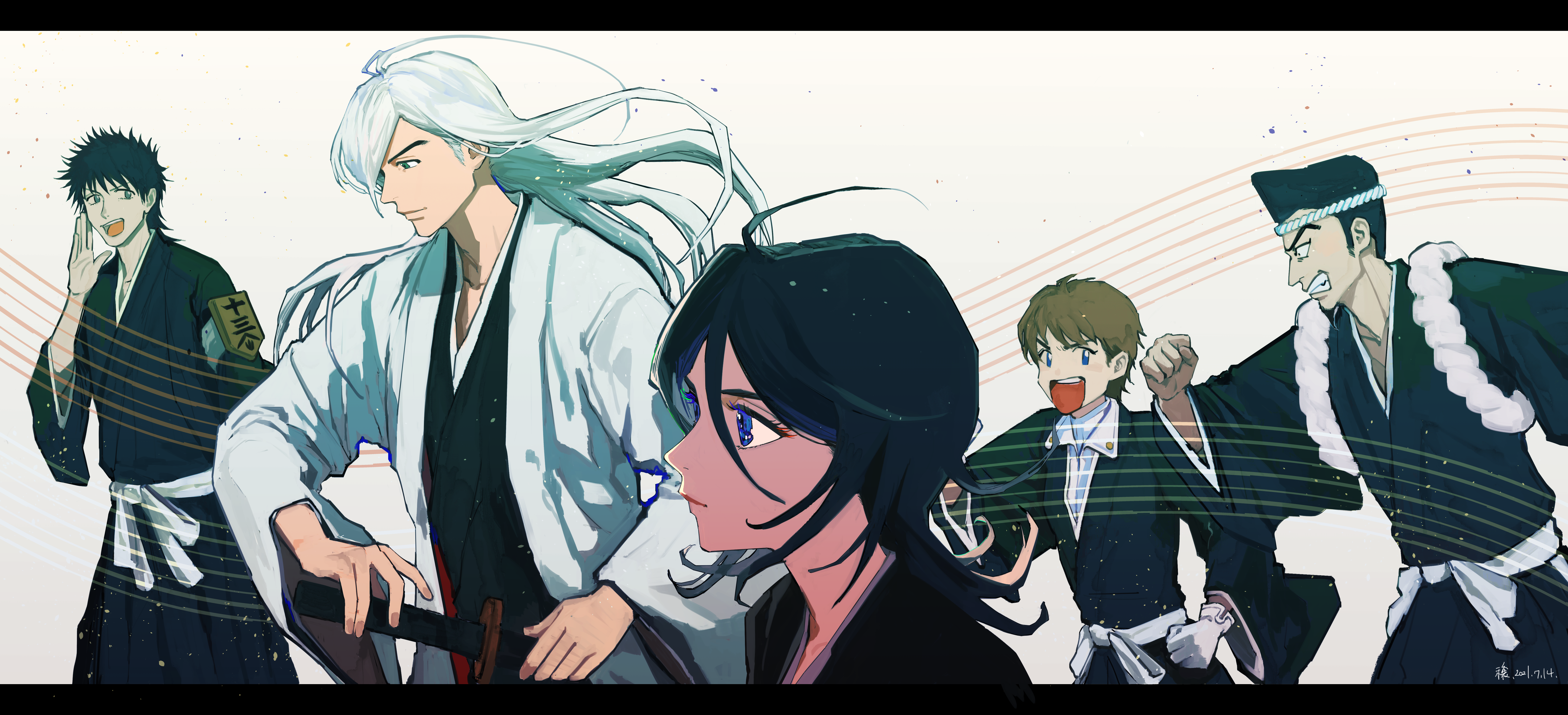 1girl 4boys absurdres belt black_hair black_kimono bleach blue_eyes clenched_teeth closed_mouth collared_shirt drawing_sword gloves haori highres holding holding_sword holding_weapon japanese_clothes jou_(jo_jjo) katana kimono kotetsu_kiyone kotsubaki_sentarou kuchiki_rukia long_hair multiple_boys open_mouth running scabbard sheath shiba_kaien shirt shouting spiked_hair standing sword teeth ukitake_juushirou upper_teeth_only walking weapon white_belt white_gloves white_hair white_haori