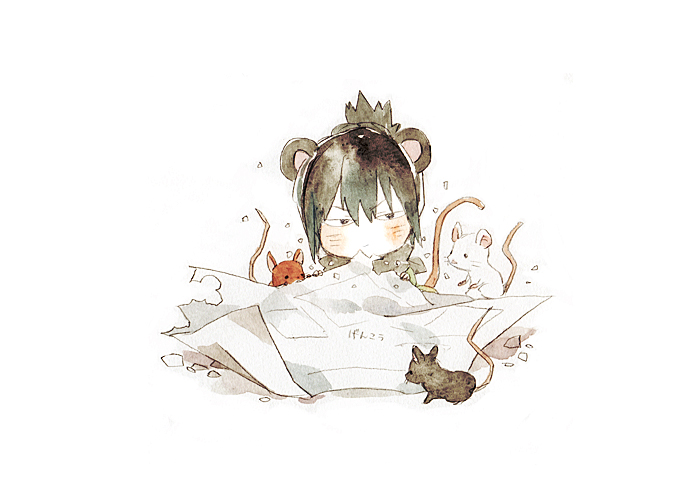 1boy animal_ears annoyed black_eyes black_hair blush_stickers chibi closed_mouth commentary_request crown gomas grey_crown grey_jacket holding holding_paper jacket kemonomimi_mode light_frown long_sleeves looking_at_viewer male_focus mini_person miniboy mouse_(animal) mouse_boy mouse_ears mouse_tail nezumi_(no.6) no.6 open_clothes open_jacket paper shadow short_hair simple_background sitting solo tail torn_paper v-shaped_eyebrows white_background