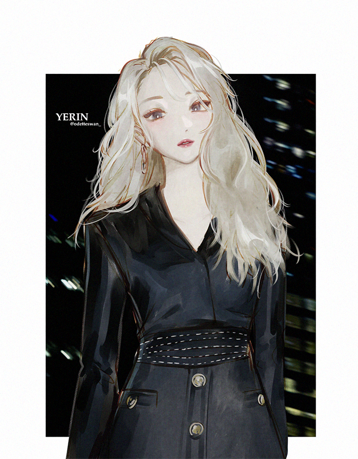1girl adirosa artist_name_(singer) belt blonde_hair border buttons commentary cowboy_shot earrings gfriend hashtag-only_commentary jewelry k-pop long_hair long_sleeves looking_at_viewer real_life solo symbol-only_commentary twitter_username white_border yerin_(gfriend)