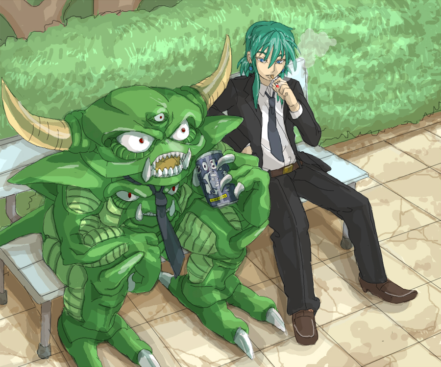 2boys 3_1 alcohol beer bench black_necktie can chunsoft cigarette claws contemporary death_pisaro dragon_quest dragon_quest_iv enix extra_eyes fangs formal_clothes hero_(dq4) horns male_focus monster multiple_boys nature necktie outdoors parody pisaro plant smoking spikes suit