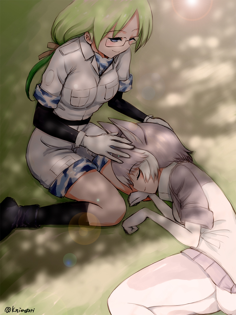2girls animal_ears blue_eyes camouflage commentary_request dog_(mixed_breed)_(kemono_friends) dog_ears dog_tail elbow_gloves closed_eyes glasses gloves green_hair grey_hair hair_tie hand_on_another&#039;s_head jacket kemono_friends khakis lap_pillow long_hair mirai_(kemono_friends) multicolored_hair multiple_girls niwatori_kokezou pantyhose paw_pose pleated_skirt short_hair short_sleeves shorts skirt sleeping socks tail white_hair