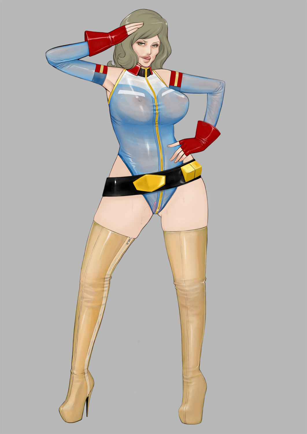 1girl blonde_hair boots detached_sleeves fingerless_gloves gloves gundam gundam_unicorn high_heel_boots highres komii licking_lips looking_at_viewer martha_vist_carbine mature_female nipples solo sweat thigh_boots tongue tongue_out transparent_leotard