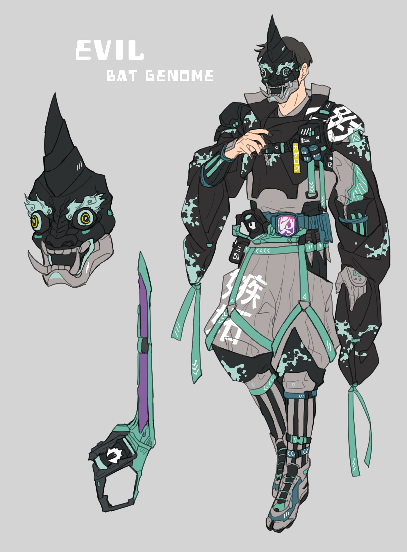 1boy 2021 20s adapted_costume adk-em alternate_costume aqua_sclera armor bandai bandai_namco bat_genome bbbb_fex black_horns black_mask black_nails boots character_name colored_sclera evilblade fangs gloves grey_background grey_footwear grey_gloves highres horns igarashi_daiji ishimori_prod japanese_armor japanese_clothes kagerou_(kamen_rider_revice) kamen_rider kamen_rider_evil kamen_rider_revice kunai mask nail_polish oni_mask rider_belt short_hair single_glove single_horn splatter splatter_print sword toei_company tokusatsu tv_asahi two_sidriver urban streetwear vistamp weapon yellow_eyes