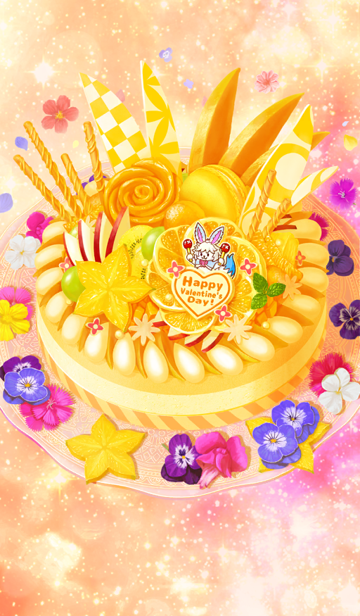 akitaken_(non_faciem) apple apple_slice blue_flower blue_pansy cake commentary dessert dianthus english_text fate/grand_order fate_(series) flower flower_request food food_art food_focus food_writing fou_(fate) fruit garnish happy_valentine macaron no_humans official_art orange_(fruit) orange_background orange_slice orange_theme pansy pink_flower plate purple_flower purple_pansy red_flower sparkle_background still_life third-party_source wafer_stick white_flower yellow_flower