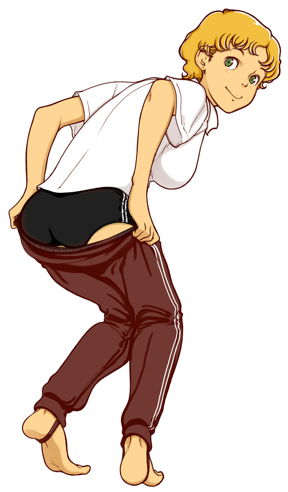 1girl ass barefoot blonde_hair buruma feet female_focus from_behind highres looking_back maria_kutschera_(trapp_ikka_monogatari) pants parted_bangs riarutoruchokku shirt short_hair simple_background smile solo stirrup_legwear sweatpants toeless_legwear trapp_ikka_monogatari undressing white_background white_shirt world_masterpiece_theater