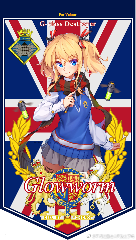 1girl blonde_hair blue_eyes bow buxiuhongxingshe_jintiantuopinlema closed_mouth cowboy_shot english_flag english_text flag_background french_flag fringe_trim grey_skirt hair_ribbon holding long_sleeves looking_at_viewer miniskirt plaid_clothes plaid_scarf pleated_skirt red_bow red_ribbon red_scarf ribbon scarf skirt smile solo standing striped_clothes striped_scarf sweater sweater_vest thighhighs twintails union_jack warship_girls_r watermark web_address weibo_watermark weibo_watermark