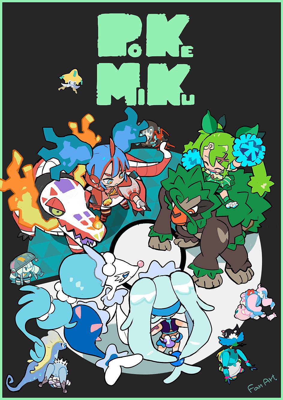 6+girls ahoge aurorus bird blue_hair border bug_miku_(project_voltage) chatot chibi closed_eyes crossover fairy_miku_(project_voltage) fire_bird_(skeledirge) fire_miku_(project_voltage) flying_miku_(project_voltage) gen_1_pokemon gen_3_pokemon gen_4_pokemon gen_6_pokemon gen_7_pokemon gen_8_pokemon gloves grass_miku_(project_voltage) green_border green_hair green_headwear hair_ornament hat hatsune_miku highres holding holding_pom_poms jacket jigglypuff jirachi kricketune legendary_pokemon long_hair mixed-language_commentary mizutani_megumi multicolored_hair multiple_girls mythical_pokemon nintendo normal_miku_(project_voltage) open_clothes open_jacket pink_hair pointing pokemon pokemon_(creature) pom_pom_(cheerleading) pom_poms primarina project_voltage riding riding_pokemon rillaboom rock_miku_(project_voltage) shirt skeledirge smile standing steel_miku_(project_voltage) twintails two-tone_hair vocaloid water_miku_(project_voltage) white_gloves x_hair_ornament