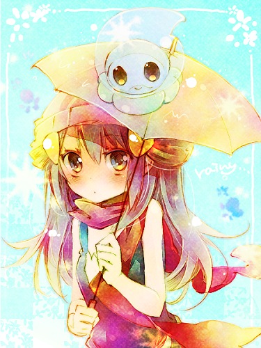 amamiya_kabosu bare_shoulders beanie blue_hair castform castform_(rainy) dawn_(pokemon) gen_3_pokemon hair_ornament hairclip hat lowres nintendo pokemon pokemon_(creature) scarf umbrella