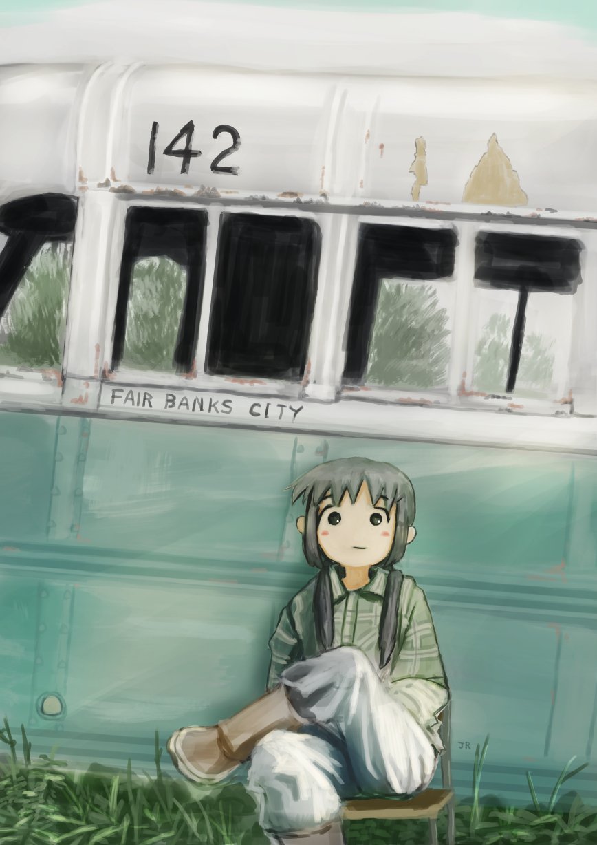 1girl 5afvb abandoned black_eyes black_hair blush_stickers boots brown_boots bus chito_(shoujo_shuumatsu_ryokou) chris_mccandless chris_mccandless_(cosplay) closed_mouth collared_shirt commentary_request cosplay day denim figure_four_sitting foot_out_of_frame grass green_shirt hair_over_shoulder highres into_the_wild jeans knee_boots long_hair long_sleeves looking_at_viewer low_twintails motor_vehicle on_chair outdoors pants parody photo-referenced plaid_clothes plaid_shirt shirt shoujo_shuumatsu_ryokou sitting smile solo twintails