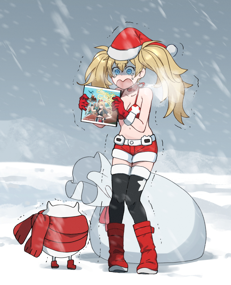 1girl abyssal_ship annin_musou bikini bikini_top_only black_thighhighs blonde_hair blue_eyes breasts breath crying crying_with_eyes_open enemy_lifebuoy_(kancolle) fur-trimmed_gloves fur-trimmed_headwear fur-trimmed_legwear fur-trimmed_shorts fur_trim gambier_bay_(christmas)_(kancolle) gambier_bay_(kancolle) gloves hat holding iowa_(kancolle) kantai_collection large_breasts long_hair official_alternate_costume open_mouth outdoors red_bikini red_footwear red_gloves red_hat sack santa_hat shorts snowstorm star_(symbol) star_print swimsuit tears thighhighs twintails