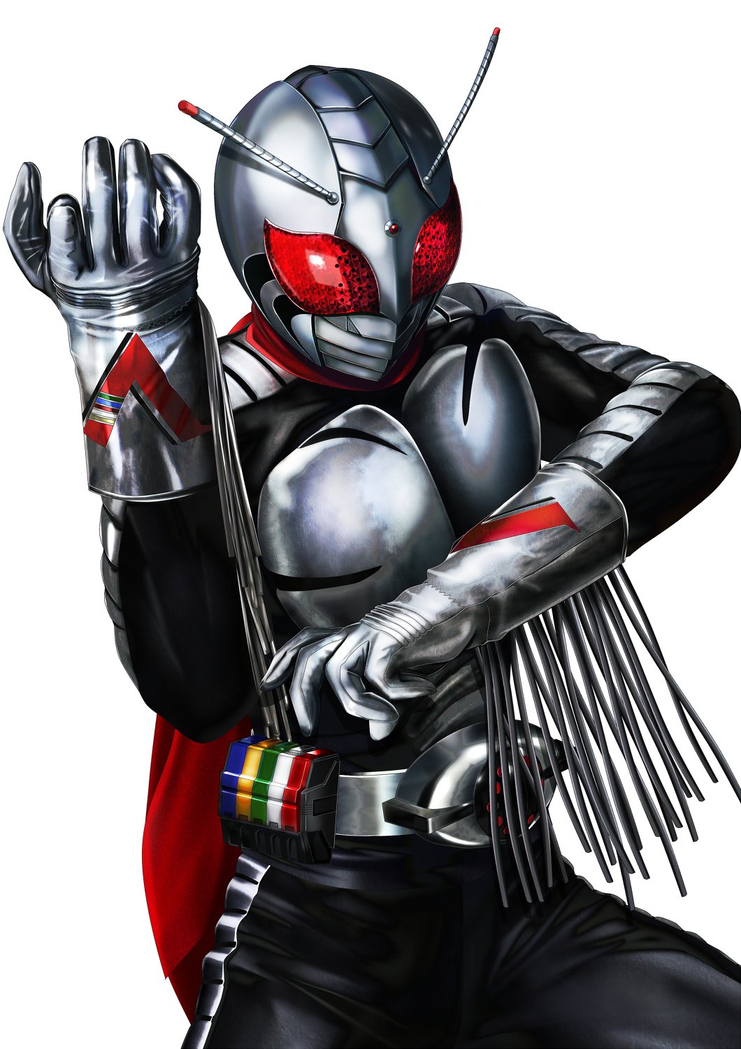 1boy antennae armor belt bodysuit bug compound_eyes gloves glowing glowing_eyes grasshopper highres horns insect kamen_rider kamen_rider_super-1 kamen_rider_super-1_(series) male_focus mask masukudo_(hamamoto_hikaru) red_eyes red_scarf rider_belt scarf simple_background solo thighs tokusatsu white_background
