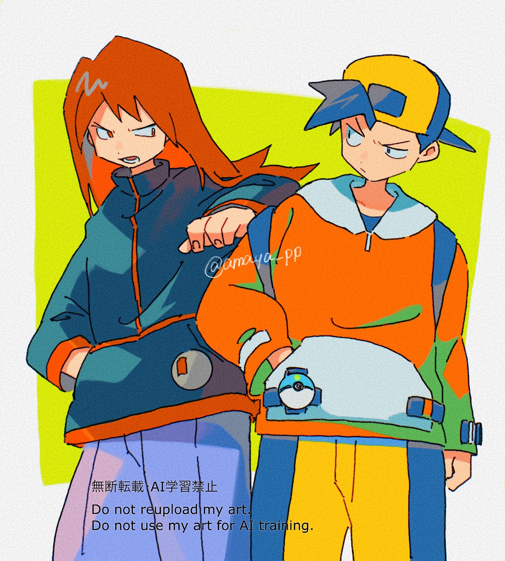 2boys amaya_uw black_hair border closed_mouth ethan_(pokemon) green_background hand_in_pocket highres jacket long_hair long_sleeves looking_to_the_side lower_teeth_only male_focus multiple_boys nintendo open_mouth pants pokemon pokemon_gsc red_hair shirt short_hair shorts silver_(pokemon) teeth twitter_username watermark white_border yellow_shorts
