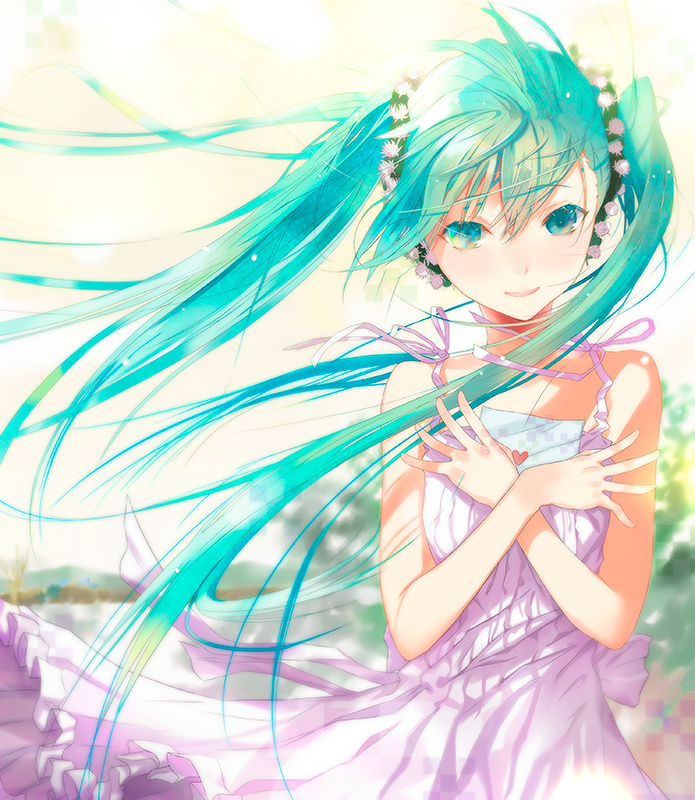 1girl bare_shoulders crossed_arms dress female_focus floating_hair flower frilled_dress frills fuyuno_haruaki green_eyes green_hair hair_flower hair_ornament hatsune_miku holding letter long_hair looking_at_viewer love_letter matching_hair/eyes open_mouth ribbon smile solo sundress twintails vocaloid